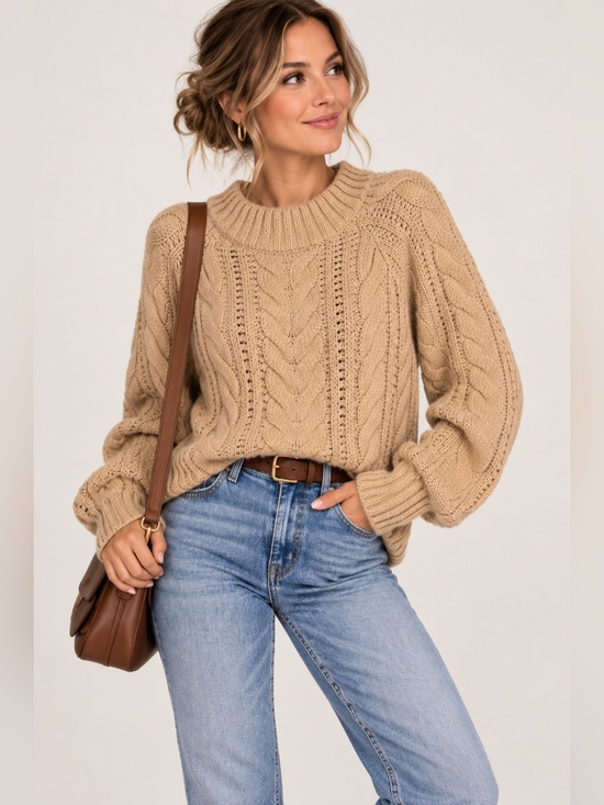 a new day Sweaters - A New Day Women’s Small Tan Cable Knit Mock Neck Sweater Chunky Cozy Pullover